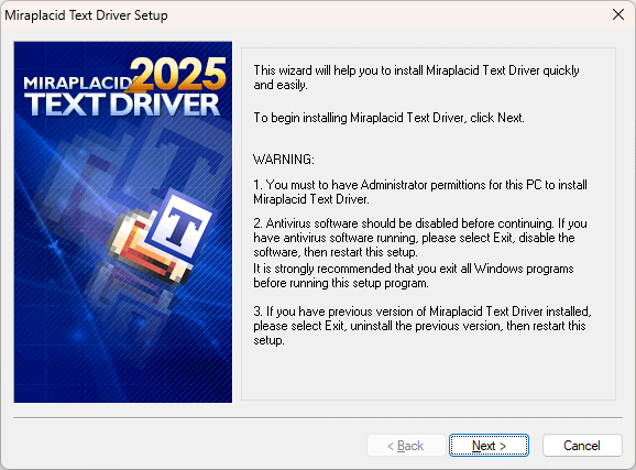 Miraplacid Text Driver : Driver Installation Step 1/3