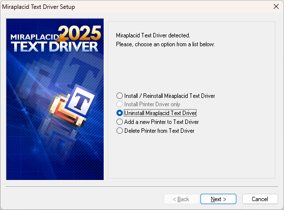 Miraplacid Text Driver : Uninstallation Step 1/2