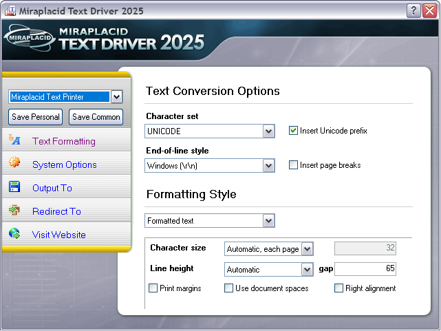 Miraplacid Text Driver Text Formatting Settings